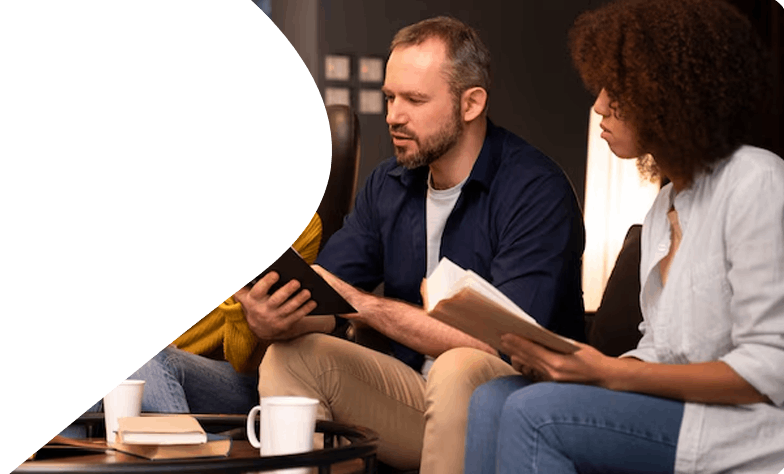 People having an intense book discussion.